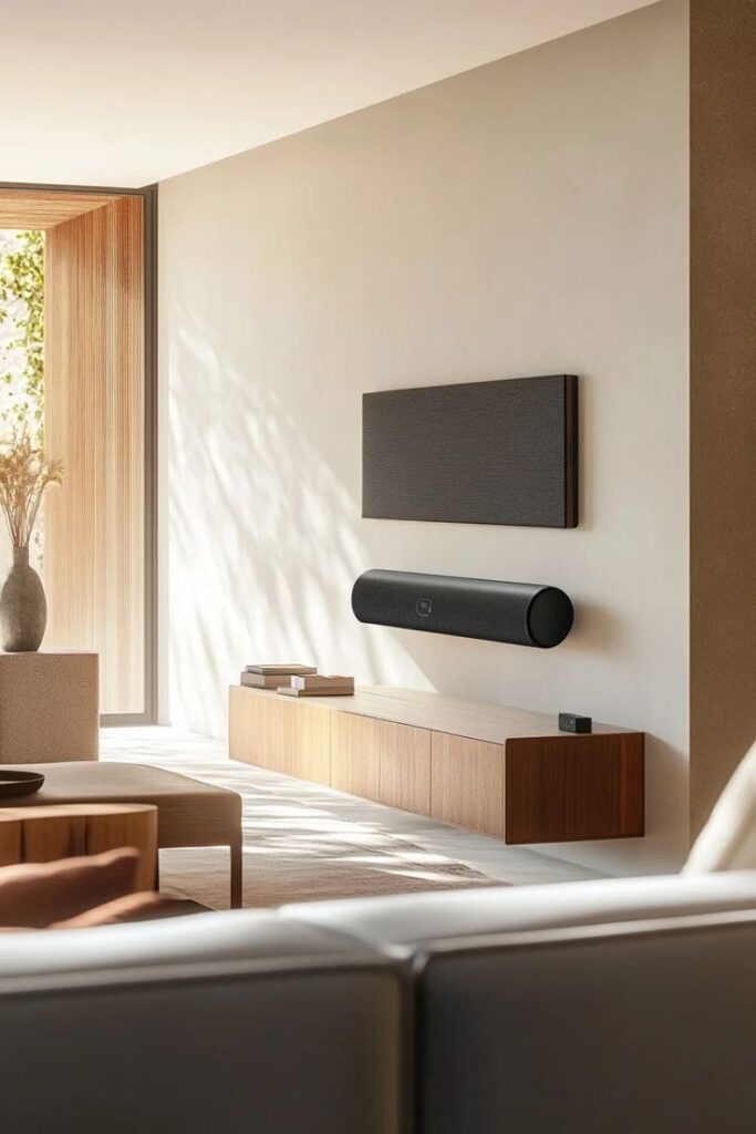 Smart Home Seamless Design Integration_ Home Lifestyle Modern minimalist living room with wall-mounted TV, soundbar, and wooden media console. | Sky Rye Design Modern minimalist living room with wall-mounted TV, soundbar, and wooden media console.