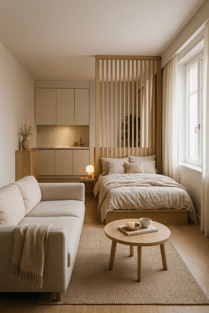 Modern minimalist studio apartment with beige sofa, cozy bed, and light wood furniture.