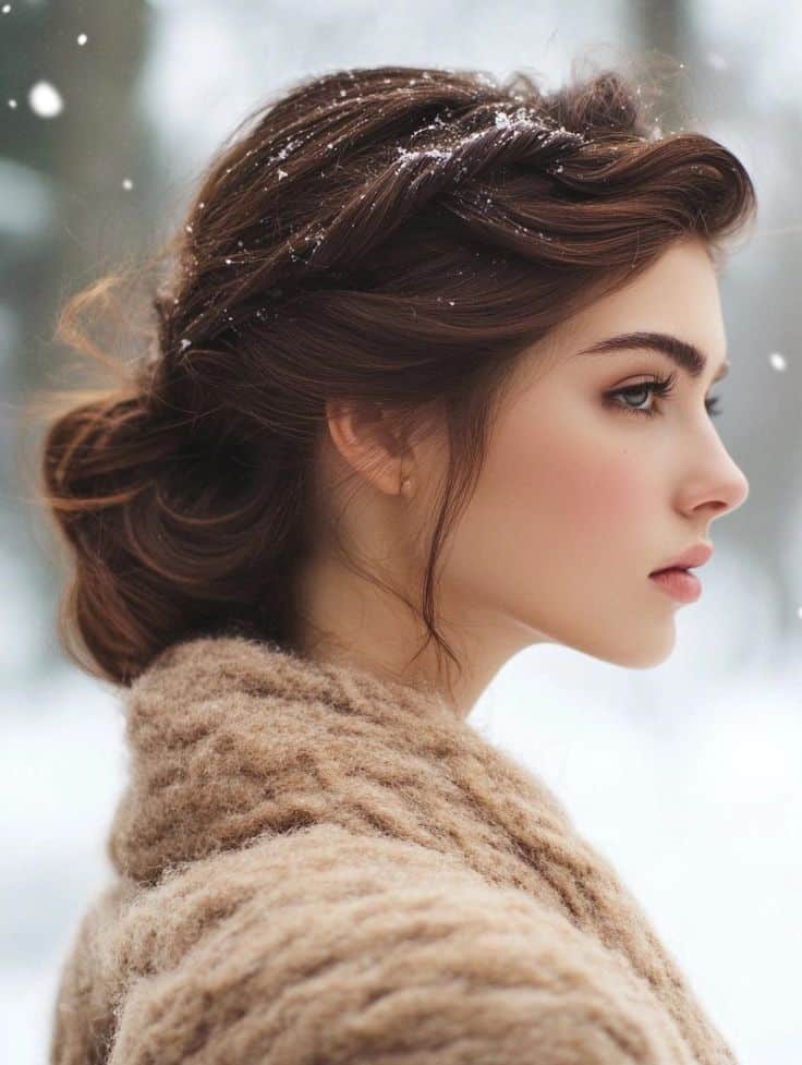 Profile of a woman in a snowy setting, wearing a cozy brown sweater, with snowflakes in her hair.