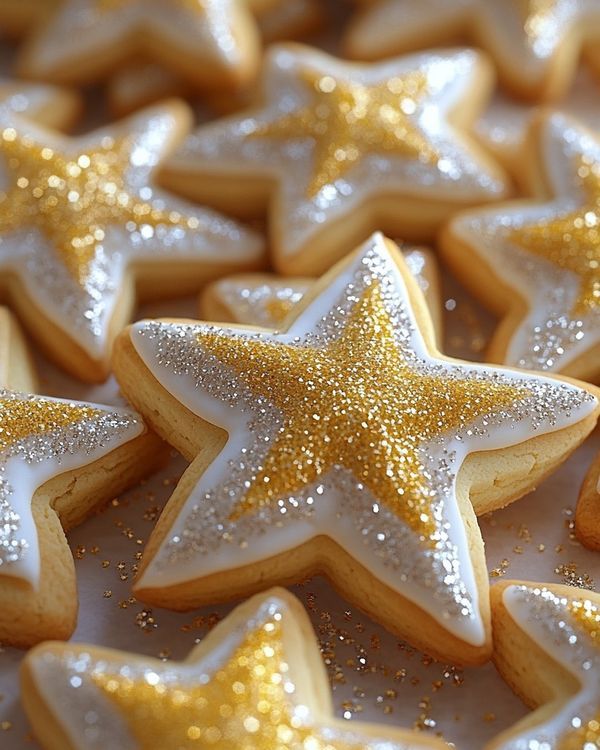 Star-shaped cookies with white icing and gold glitter, perfect for festive celebrations and holiday treats.