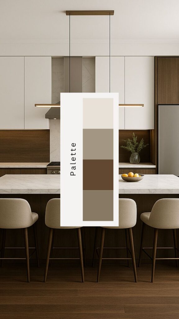 Modern kitchen with neutral color palette, featuring a marble island and wooden accents for a cozy atmosphere.