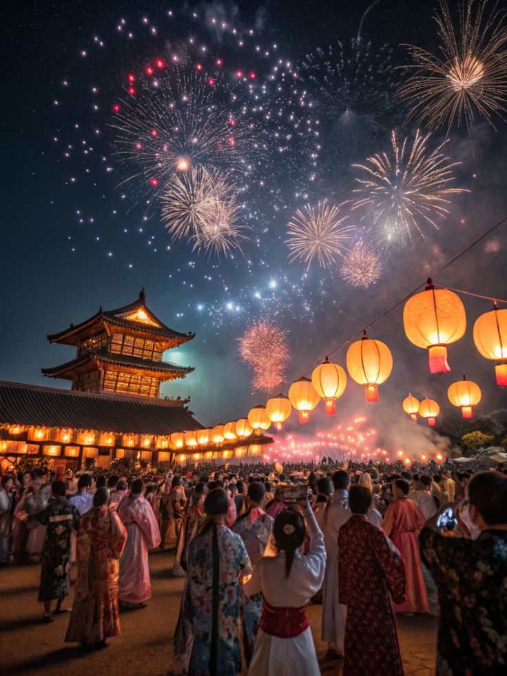 Southeast Asia Travel Crowd in traditional attire enjoying fireworks and lanterns at a festival near an ornate, illuminated Asian temple. | Sky Rye Design Crowd in traditional attire enjoying fireworks and lanterns at a festival near an ornate, illuminated Asian temple.