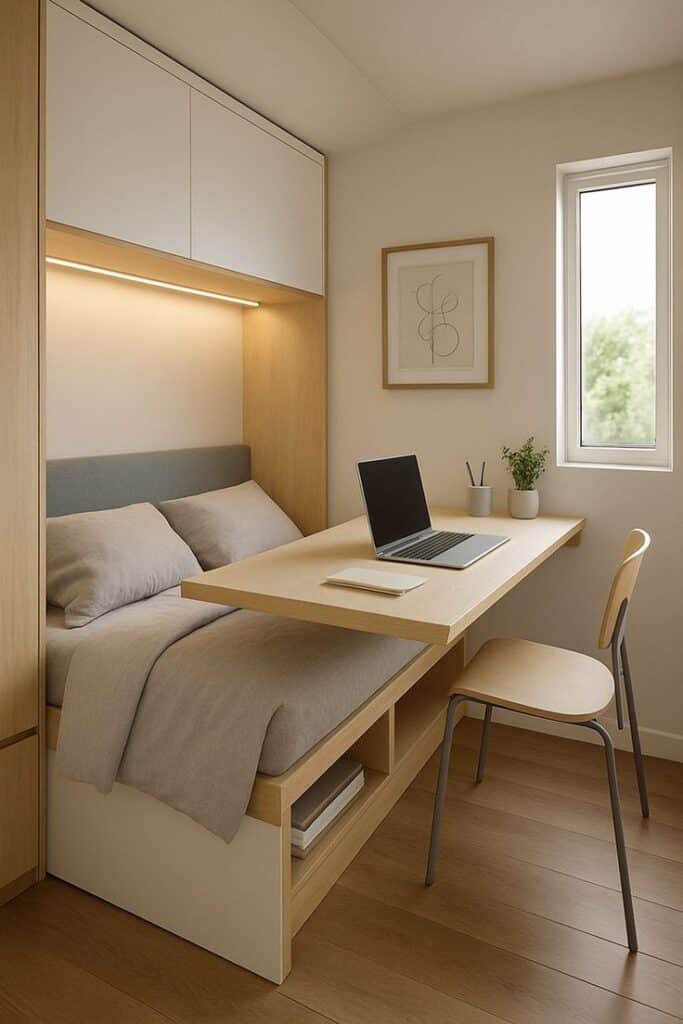 Modern multifunctional bedroom with integrated desk, laptop, and minimal decor, maximizing small space efficiency.