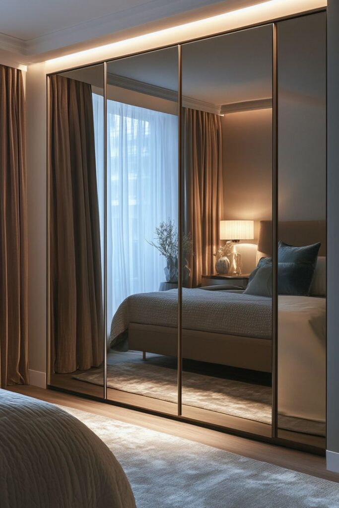 luxury apartment comfortable suite lounge Modern bedroom with mirrored wardrobe, cozy lighting, and elegant decor. | Sky Rye Design Modern bedroom with mirrored wardrobe, cozy lighting, and elegant decor.