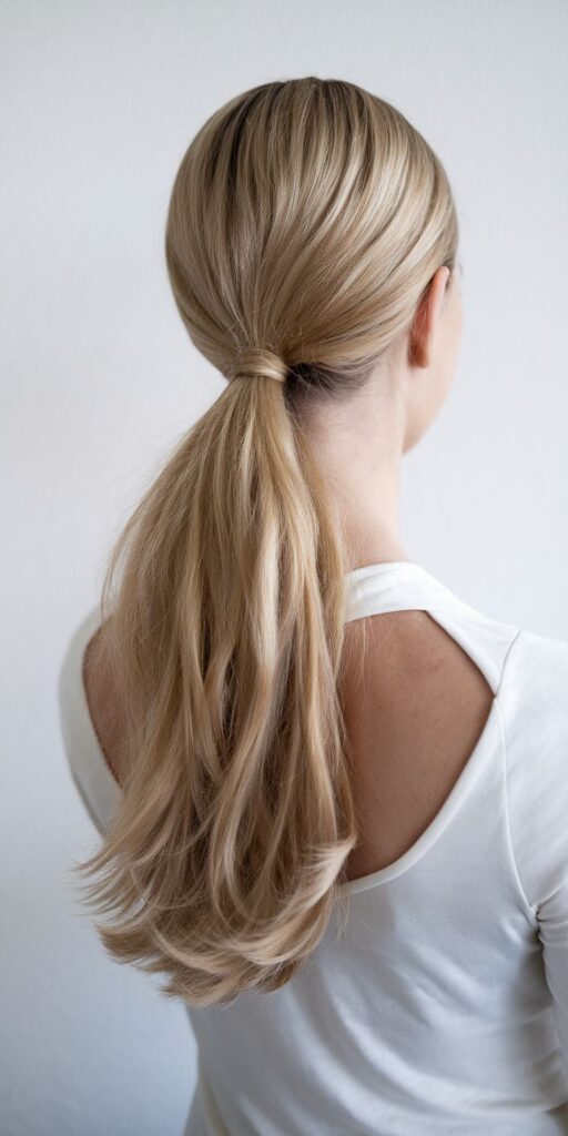 Blonde ponytail hairstyle from back view, showcasing sleek and elegant hair design in a white shirt.