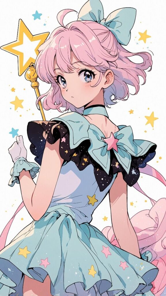 Anime girl with pink hair holding a star wand, wearing a pastel outfit with a bow, surrounded by stars.