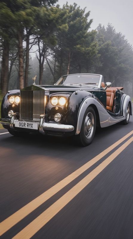 Classic car cruising on a scenic tree-lined road, showcasing vintage luxury and elegant design.
