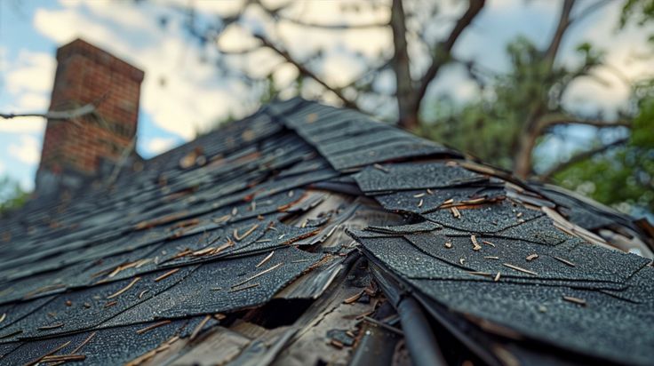 Storm Damage Roof Repair - Identifying Roof Damage - Sky Roofing Construction Remodeling Close-up of an old, damaged shingle roof with fallen leaves and debris, highlighting the need for repair or replacement. | Sky Rye Design Close-up of an old, damaged shingle roof with fallen leaves and debris, highlighting the need for repair or replacement.