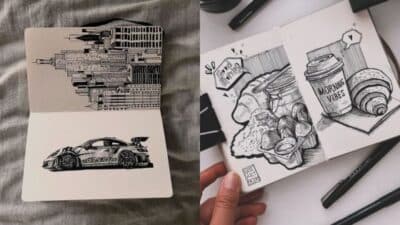 Sketchbook art: cityscape and car on the left, coffee and breakfast items on the right, with black ink pens nearby.