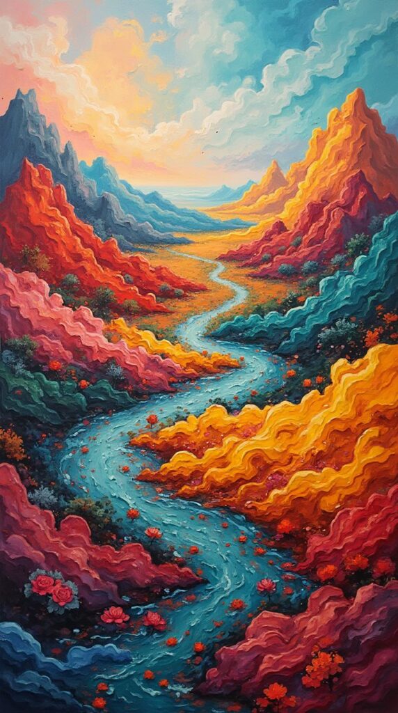 Stunning Abstract Wallpaper Backgrounds 4K Designs for iPhone More Vivid surreal landscape painting of colorful mountains, winding river, and vibrant sky at sunset. | Sky Rye Design Vivid surreal landscape painting of colorful mountains, winding river, and vibrant sky at sunset.