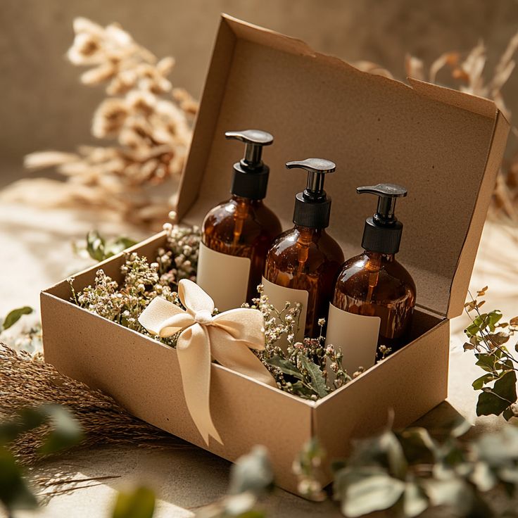 Gift box with three amber pump bottles and decorative flowers, presented with a beige ribbon. Perfect for eco-friendly gifting.