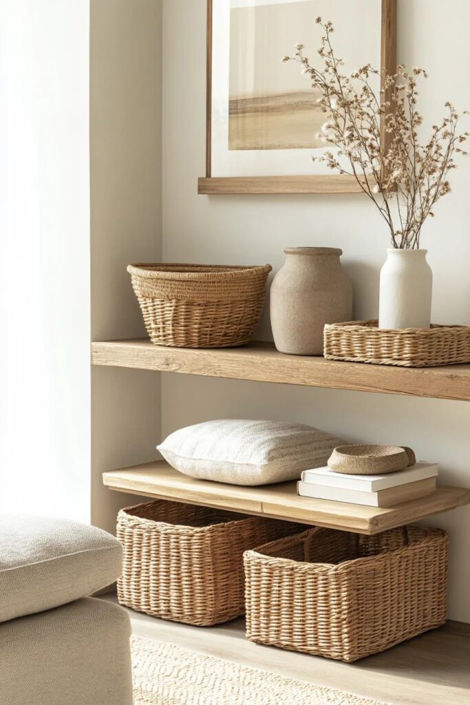 Neutral-toned home decor with wicker baskets, pottery, and dried flowers on wooden shelves for a cozy, organic look.
