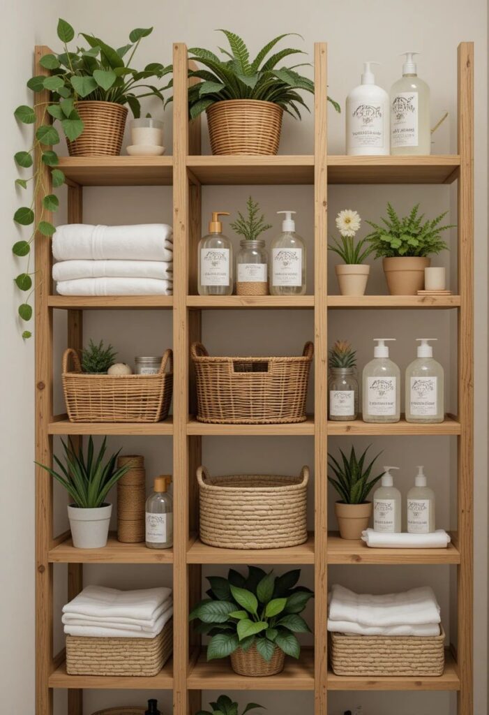 Wooden shelf with potted plants, towels, and natural bath products in a stylish, organized bathroom setting.