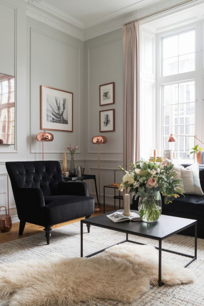 Elegant living room with black chair, coffee table, and floral arrangement, natural light from large window.