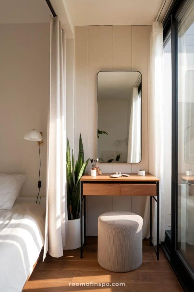 Modern bedroom corner with a wooden vanity table, round stool, and potted plant, near a large window.
