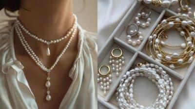 Elegant pearl jewelry collection: necklaces and earrings on display, perfect for accessorizing any outfit.