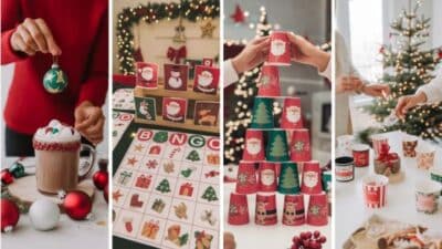 Festive holiday activities: decorating, playing bingo, stacking cups, and enjoying warm drinks by the Christmas tree.