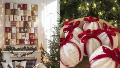 Cozy Christmas decor with advent calendar and knitted ornaments, featuring red accents and a festive holiday theme.