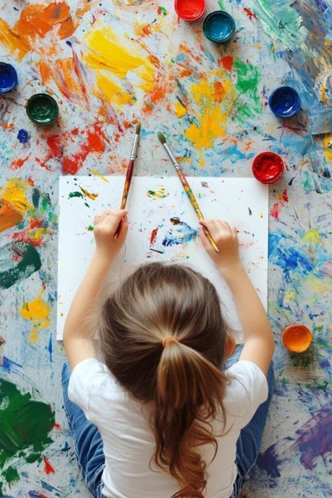 Supporting Self-Expression and Creativity Child painting with colorful paints and brushes on a messy artistic canvas. | Sky Rye Design Child painting with colorful paints and brushes on a messy artistic canvas.