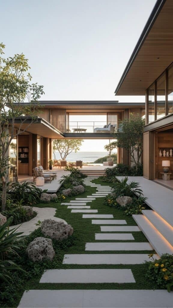 Modern beach house with lush garden, stepping stone path, and serene ocean view in the background.