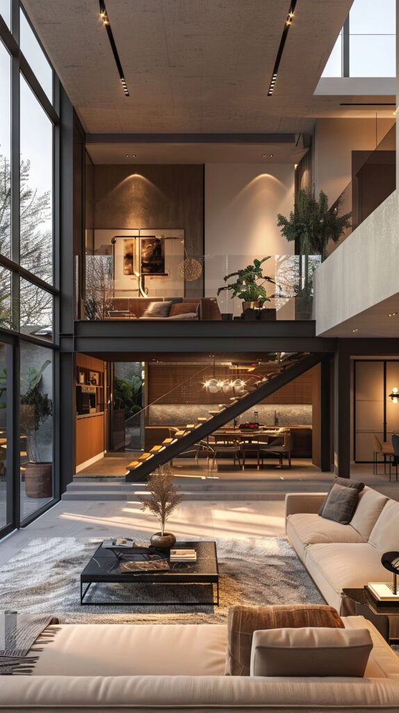 Modern open-concept living room with large windows, stylish furniture, and a sleek staircase in a luxurious home setting.