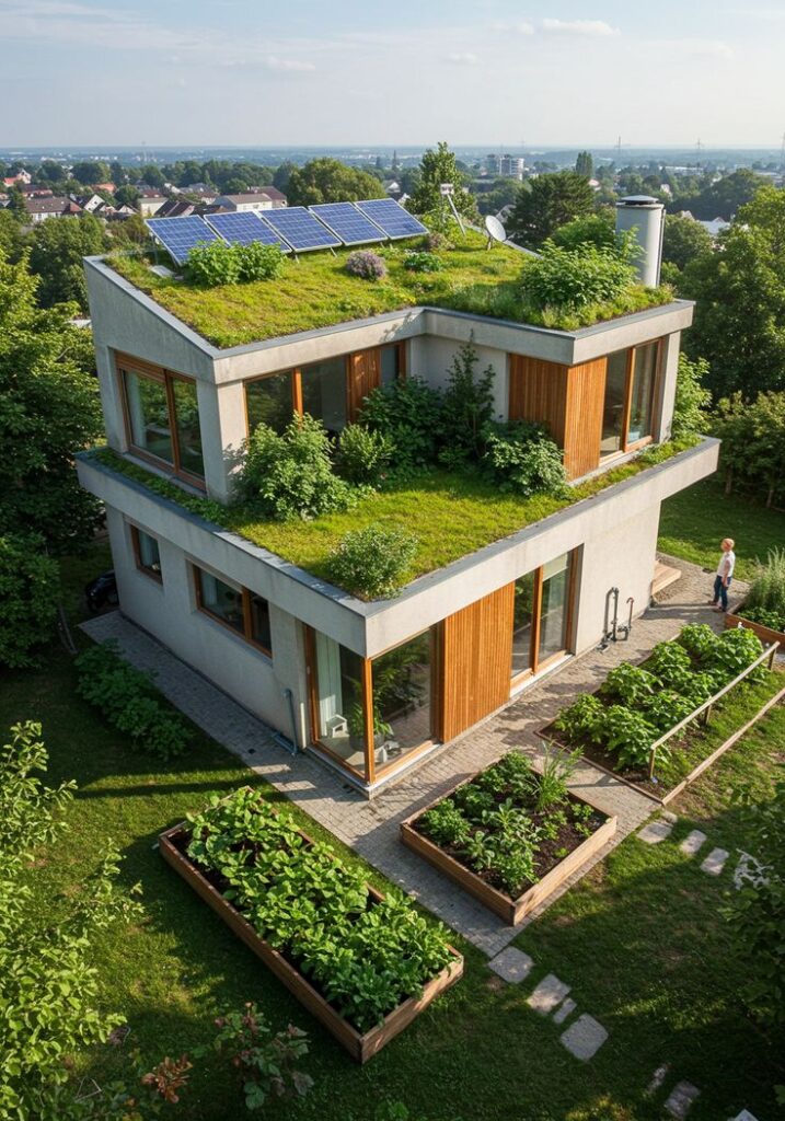 Sustainable Eco-Friendly Home Green Living Eco-friendly house with solar panels and green roof, surrounded by lush garden beds in a suburban setting. | Sky Rye Design Eco-friendly house with solar panels and green roof, surrounded by lush garden beds in a suburban setting.