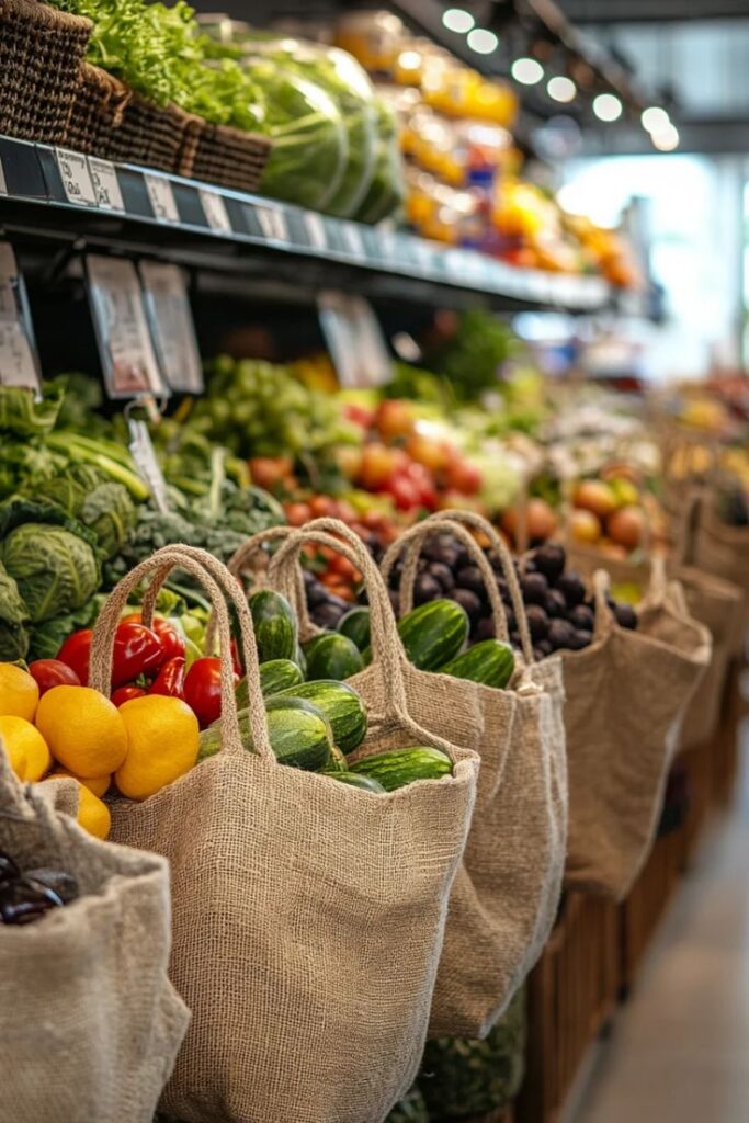 Sustainable Grocery Shopping on a Budget Reusable bags filled with fresh vegetables in a supermarket produce aisle. Eco-friendly shopping concept. | Sky Rye Design Reusable bags filled with fresh vegetables in a supermarket produce aisle. Eco-friendly shopping concept.