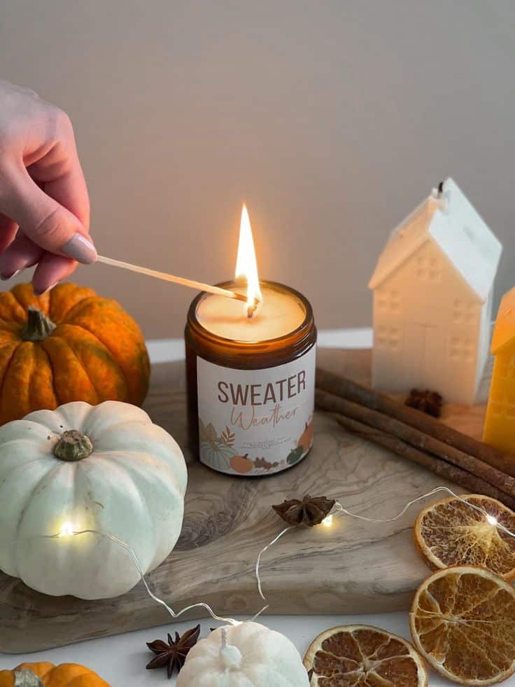 Sweater Weather Candle Autumn Scented Candle Fall Scented _ Etsy Lighting a cozy Sweater Weather candle surrounded by pumpkins and autumn decorations on a wooden surface. | Sky Rye Design Lighting a cozy Sweater Weather candle surrounded by pumpkins and autumn decorations on a wooden surface.