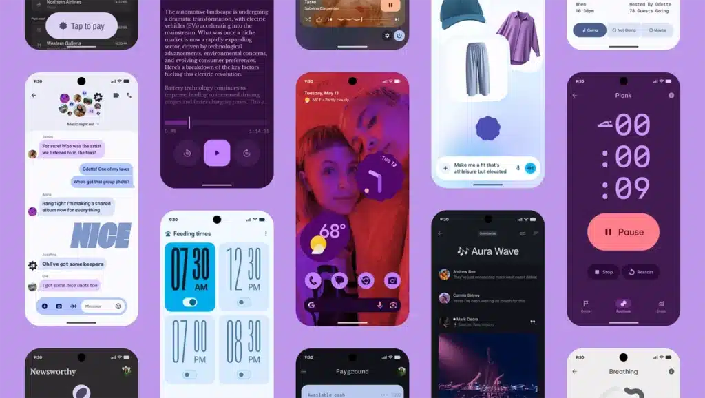 Collage of vibrant smartphone interface designs showcasing chat, music, weather, and fitness apps on a purple background.