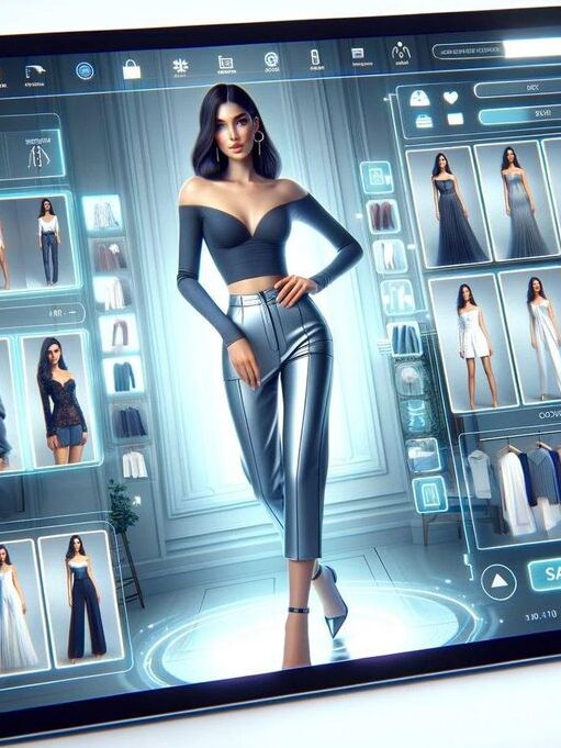 Virtual fashion styling app interface on tablet, showcasing outfit selection and customization options.