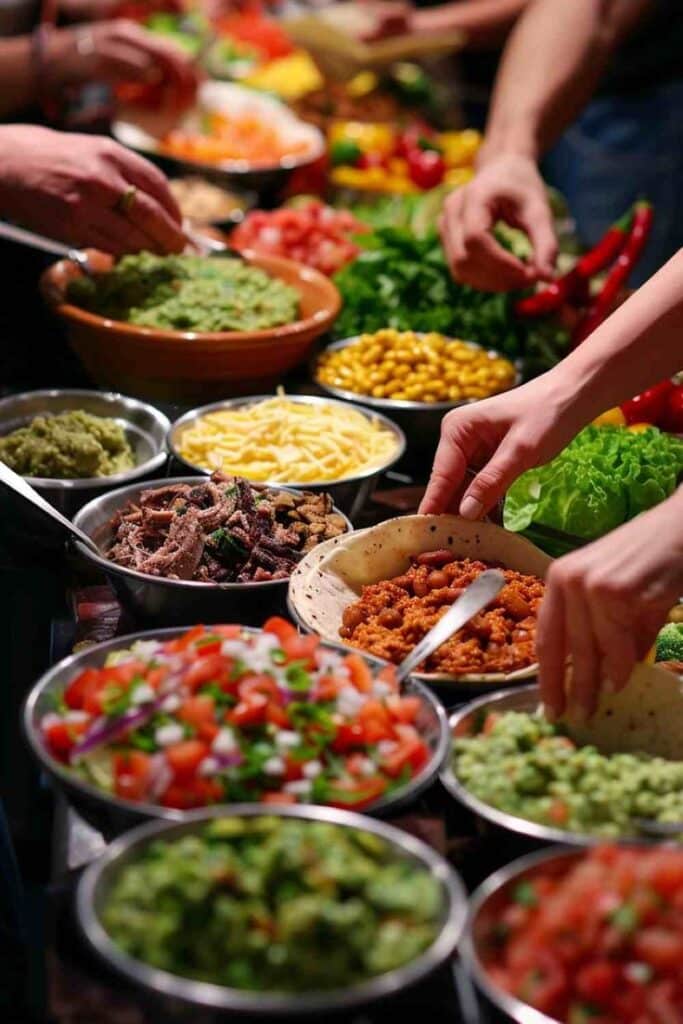 People making tacos with fresh ingredients like salsa, guacamole, and seasoned meat at a vibrant food counter.