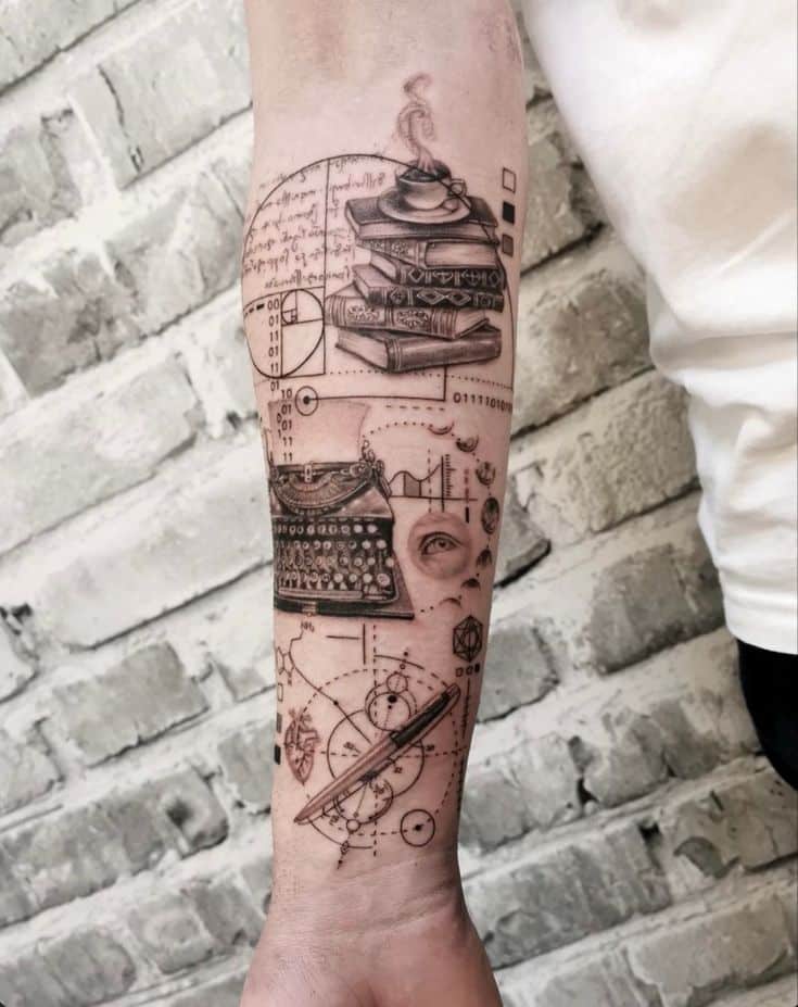 Tattoo Tattoo featuring books, typewriter, mathematical symbols, and a pen on a forearm with a brick wall background. | Sky Rye Design Tattoo featuring books, typewriter, mathematical symbols, and a pen on a forearm with a brick wall background.
