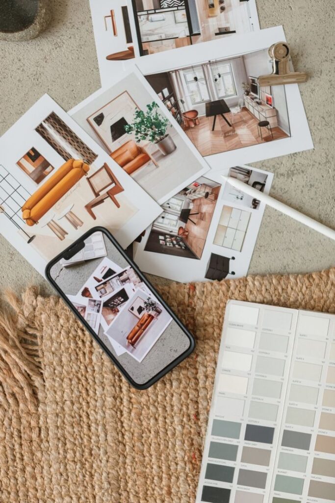 The Aesthetics of Being a Digital Artist and Designer Interior design photos, smartphone, and color palette samples on textured surface for creative inspiration. | Sky Rye Design Interior design photos, smartphone, and color palette samples on textured surface for creative inspiration.