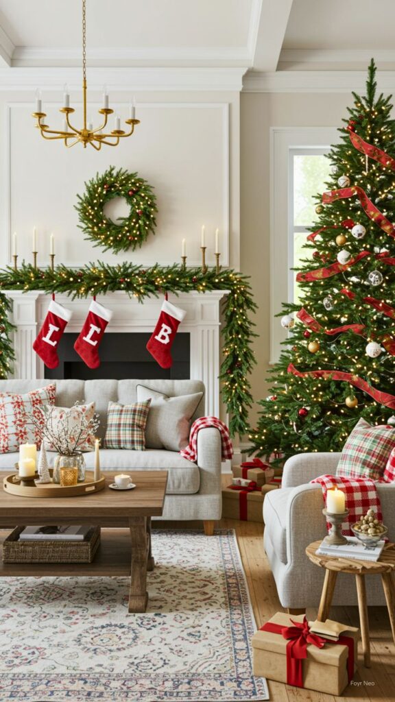 The Best 14 Christmas Decoration Ideas for Every Room Festive living room with Christmas tree, stockings, and wreath, creating a cozy holiday atmosphere with candles and gifts. | Sky Rye Design Festive living room with Christmas tree, stockings, and wreath, creating a cozy holiday atmosphere with candles and gifts.