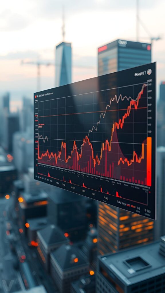 Graph chart displaying financial data with a city skyline background at dusk.