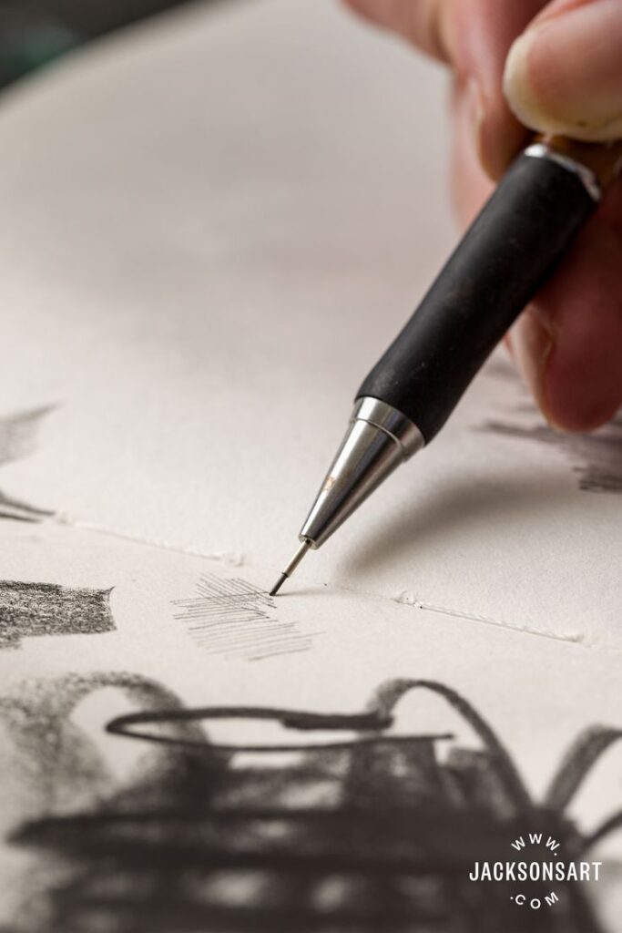 Close-up of a hand sketching with a mechanical pencil on paper, showcasing fine art drawing techniques.