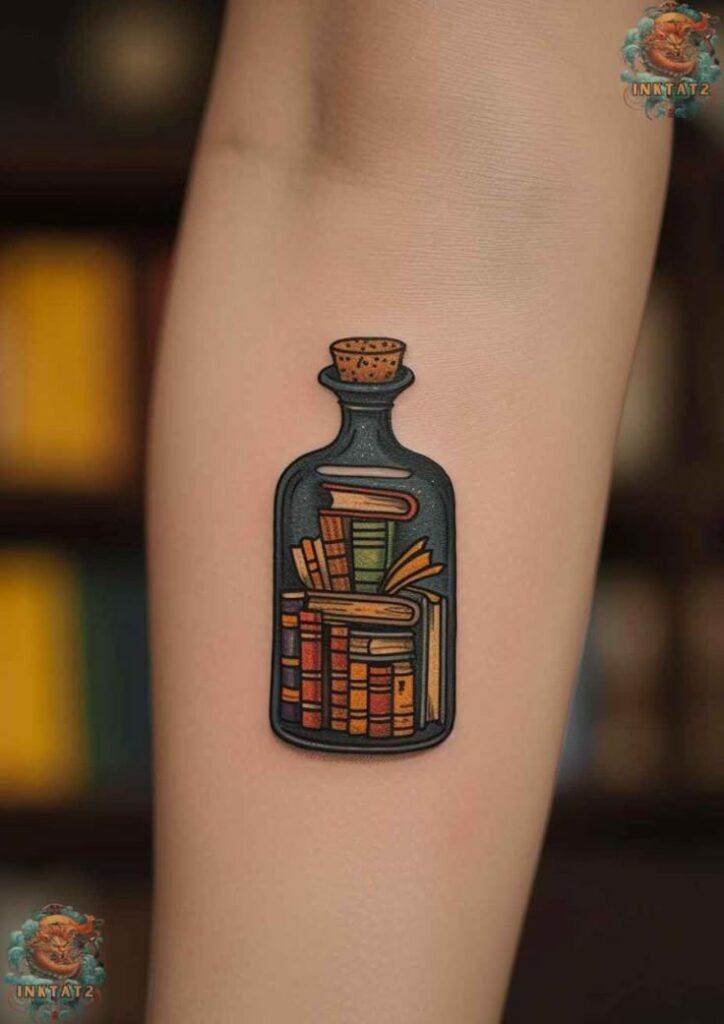 The Enduring Charm of Book-Themed Tattoos 85 Designs_ A Tribute to Literary Love - inktat2_com Tattoo of books in a bottle on arm, symbolizing knowledge and imagination contained creatively. | Sky Rye Design Tattoo of books in a bottle on arm, symbolizing knowledge and imagination contained creatively.