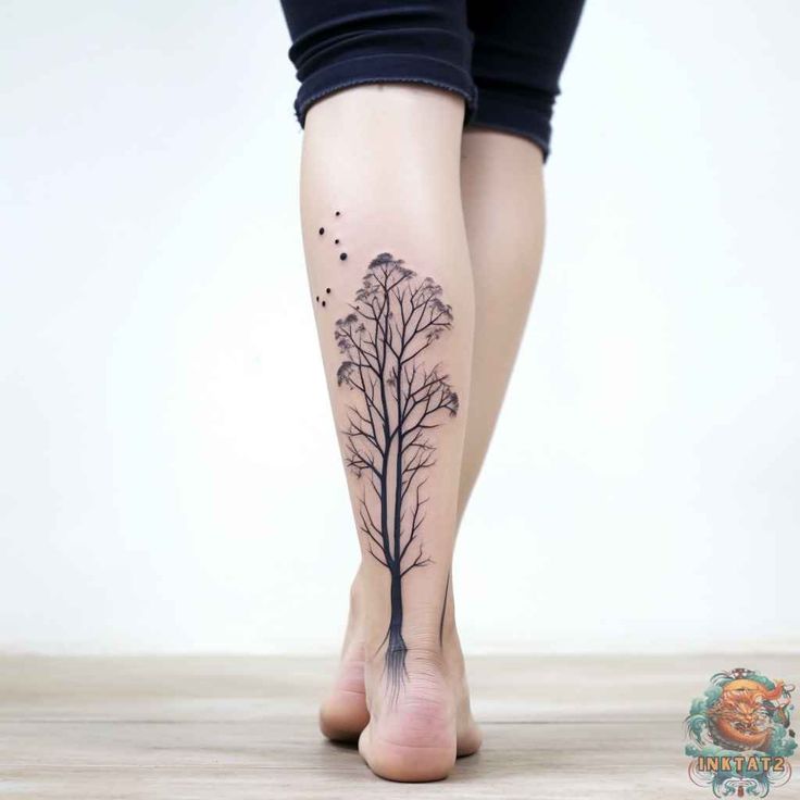 Tree tattoo on leg, showcasing intricate branches and roots in black ink, minimalist nature-inspired design.