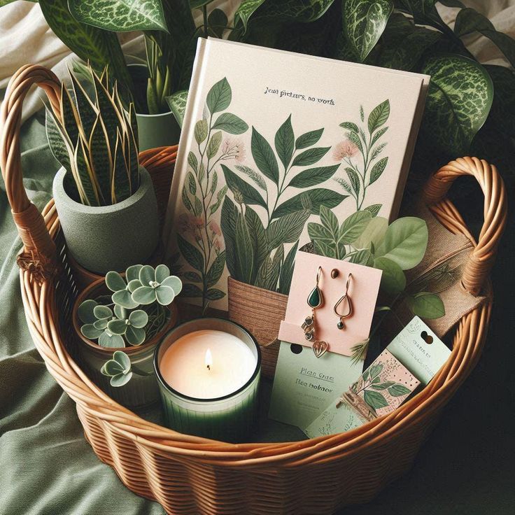 The Foliage Crate - Nature-Inspired Box Theme Changes Monthly Gift basket with green plants, a candle, a botanical book, and elegant earrings, creating a cozy, nature-inspired scene. | Sky Rye Design Gift basket with green plants, a candle, a botanical book, and elegant earrings, creating a cozy, nature-inspired scene.