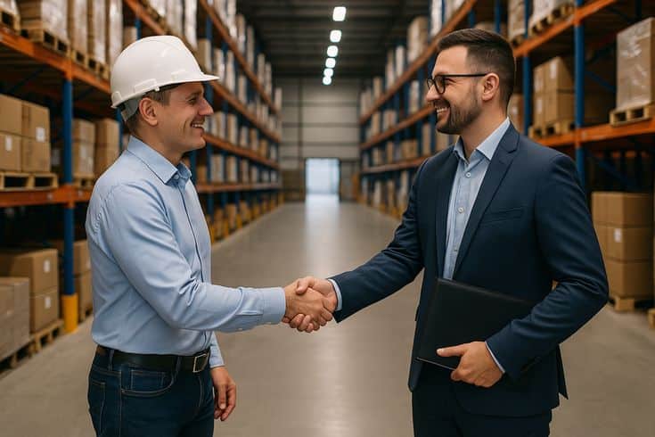 The Hidden Cost of Being Invisible Online Especially in Industrial Markets Two men shaking hands in a warehouse; one in a suit, the other in a hard hat, symbolizing business partnership. | Sky Rye Design Two men shaking hands in a warehouse; one in a suit, the other in a hard hat, symbolizing business partnership.