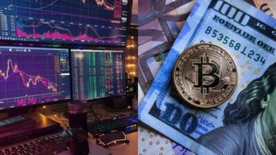 Cryptocurrency trading screen and Bitcoin coin on US dollar bill, symbolizing financial markets and digital currency.