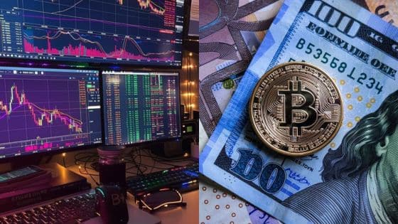 The History of Bitcoin From Whitepaper to Global Adoption Cryptocurrency trading screen and Bitcoin coin on US dollar bill, symbolizing financial markets and digital currency. | Sky Rye Design Cryptocurrency trading screen and Bitcoin coin on US dollar bill, symbolizing financial markets and digital currency.