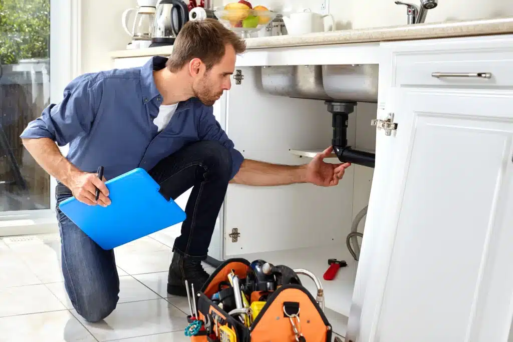 Man inspecting kitchen sink plumbing with tools and clipboard.