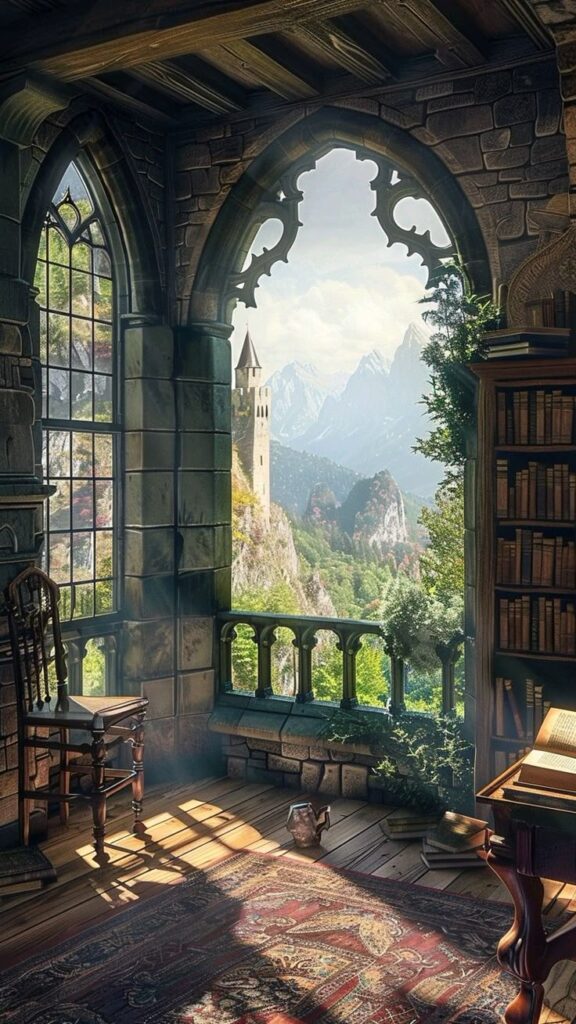 Gothic room with mountain view, arched window, castle tower, bookshelves, and sunlit antique furniture.