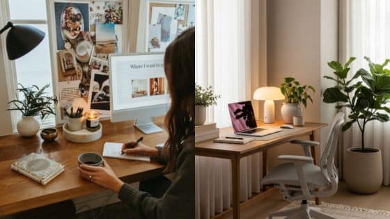 The New Professional Redesigning Work Life for Success and Satisfaction Cozy home office setup with desk, laptop, plants, and lit candle for an inspiring workspace ambiance. | Sky Rye Design Cozy home office setup with desk, laptop, plants, and lit candle for an inspiring workspace ambiance.