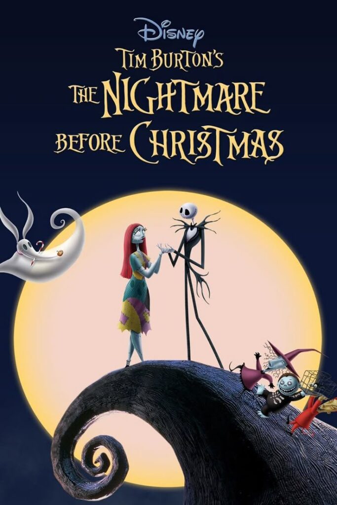 The Nightmare Before Christmas movie poster with Jack Skellington and characters under a full moon.