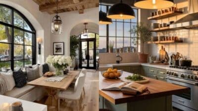 Cozy dining area and rustic kitchen with large windows, wooden accents, and warm lighting for a homely ambiance.