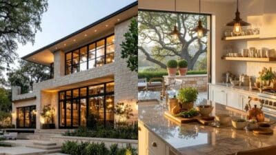 Modern stone house exterior and cozy kitchen interior with large windows and natural light.