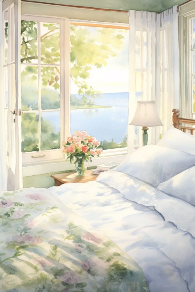 Cozy bedroom with floral bedding, open windows, lake view, and morning sunlight filtering through curtains.