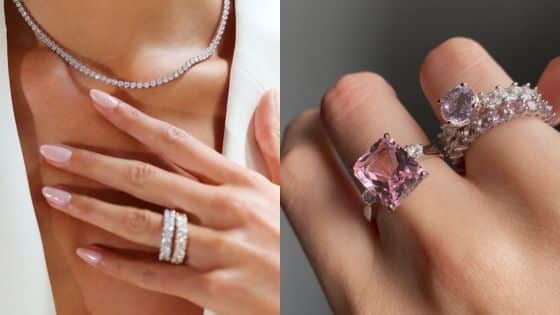 The Ultimate Guide To Buy Diamond Jewelry in MiamiLuxury Meets Affordability Elegant jewelry set featuring a diamond necklace and rings with pink gemstone on a woman's hand. | Sky Rye Design Elegant jewelry set featuring a diamond necklace and rings with pink gemstone on a woman's hand.